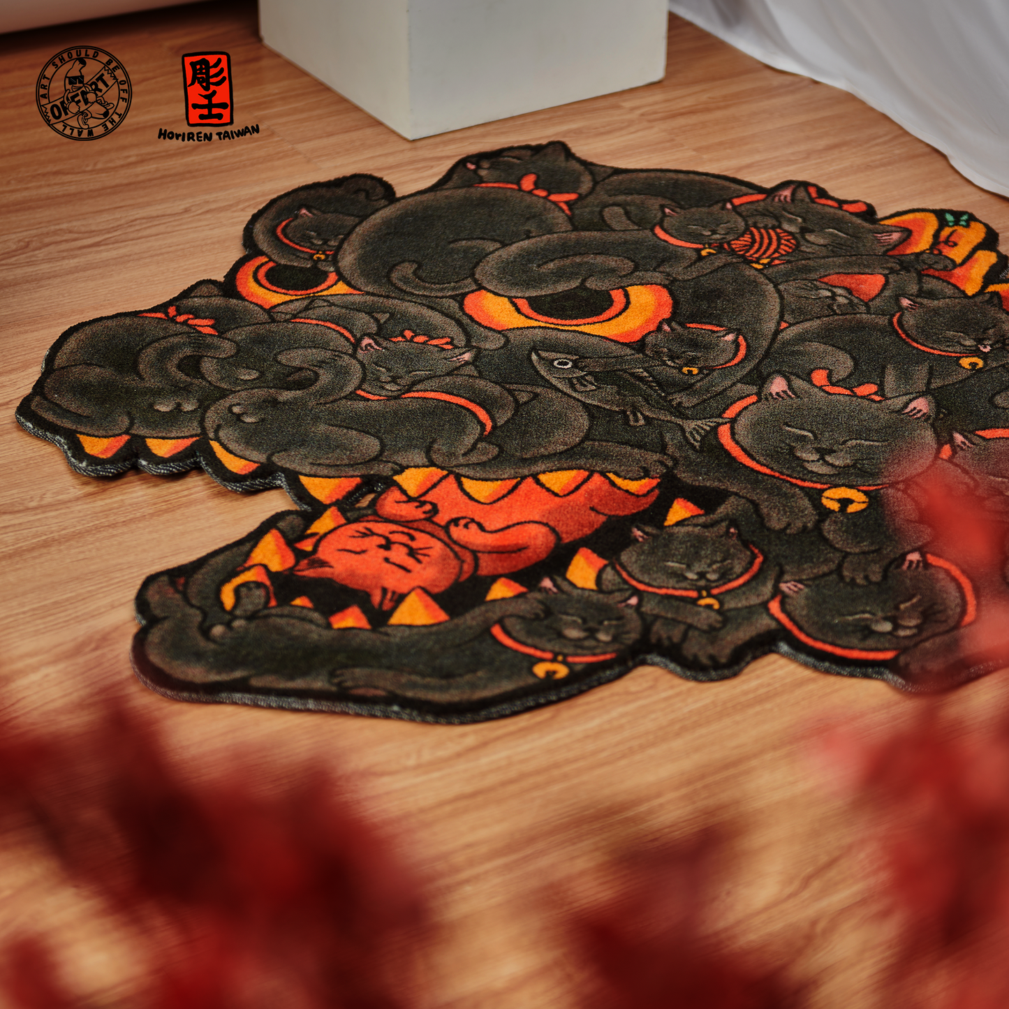 OFFART X Horiren Red Flame Hundred Cats Carpet Rug