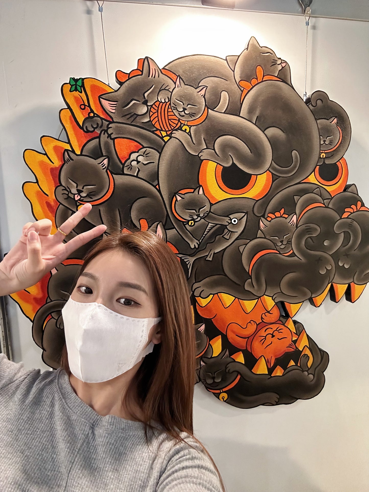 OFFART X Horiren Red Flame Hundred Cats 100% Hand-Painted Print