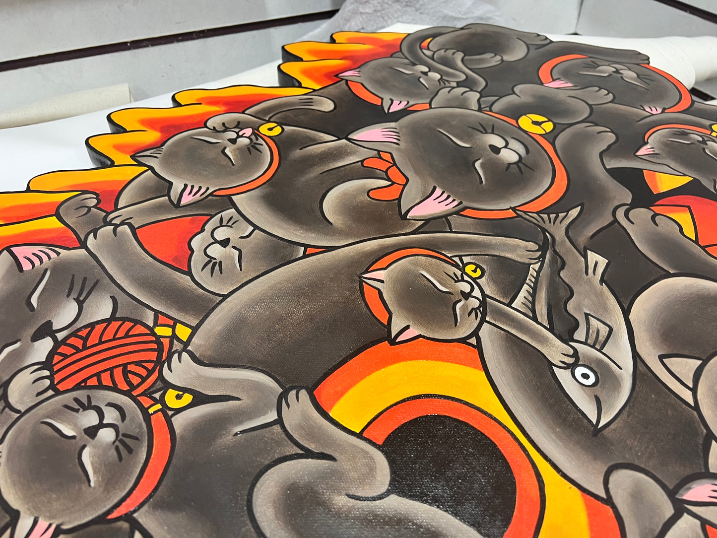 OFFART X Horiren Red Flame Hundred Cats 100% Hand-Painted Print