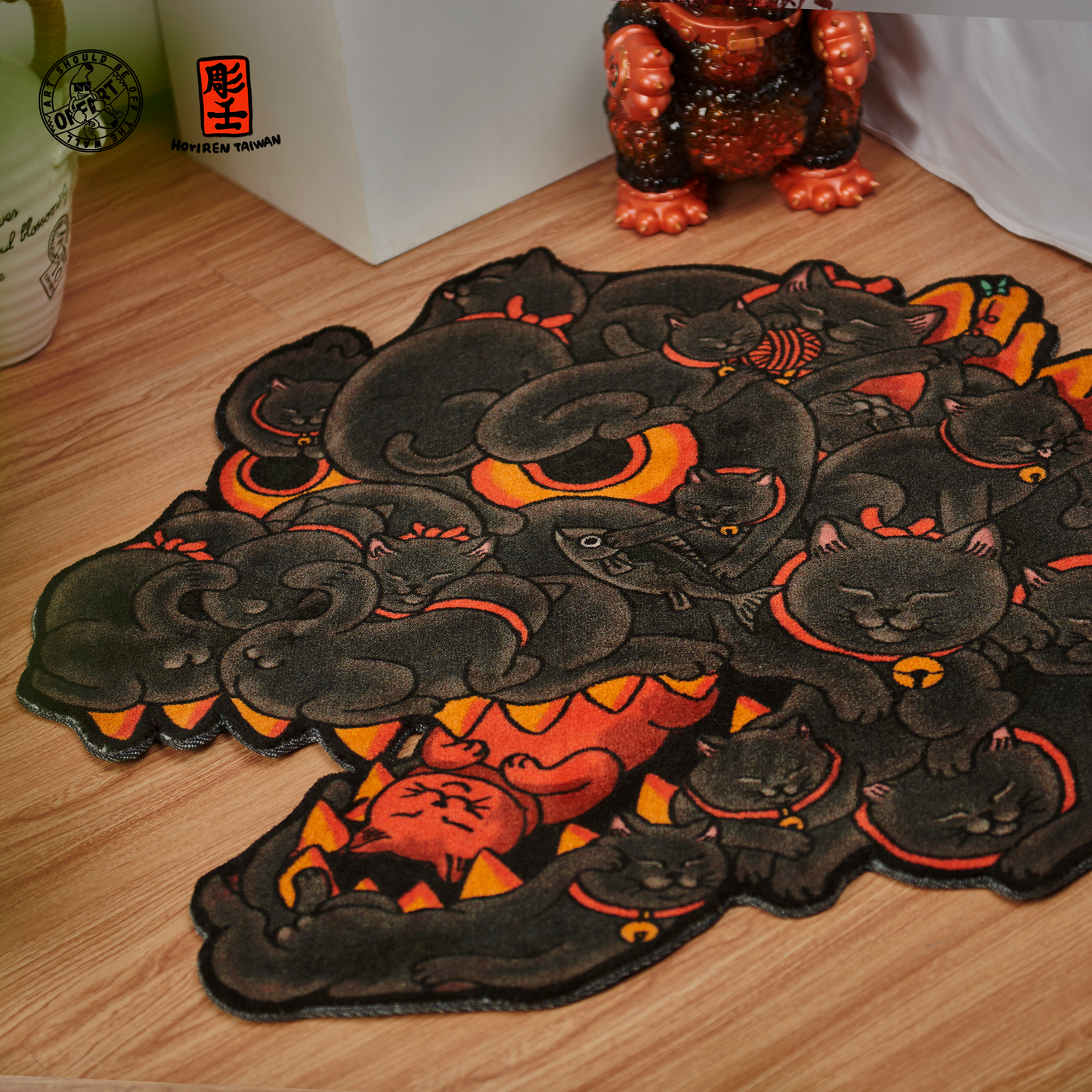 OFFART X Horiren Red Flame Hundred Cats Carpet Rug