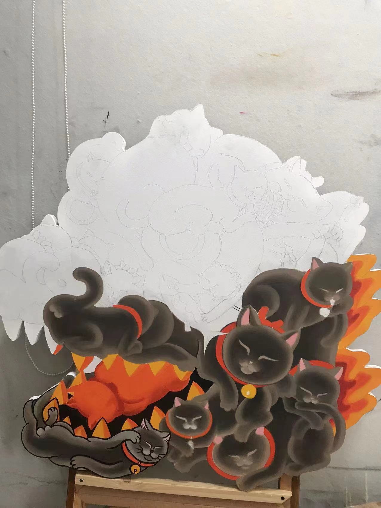 OFFART X Horiren Red Flame Hundred Cats 100% Hand-Painted Print