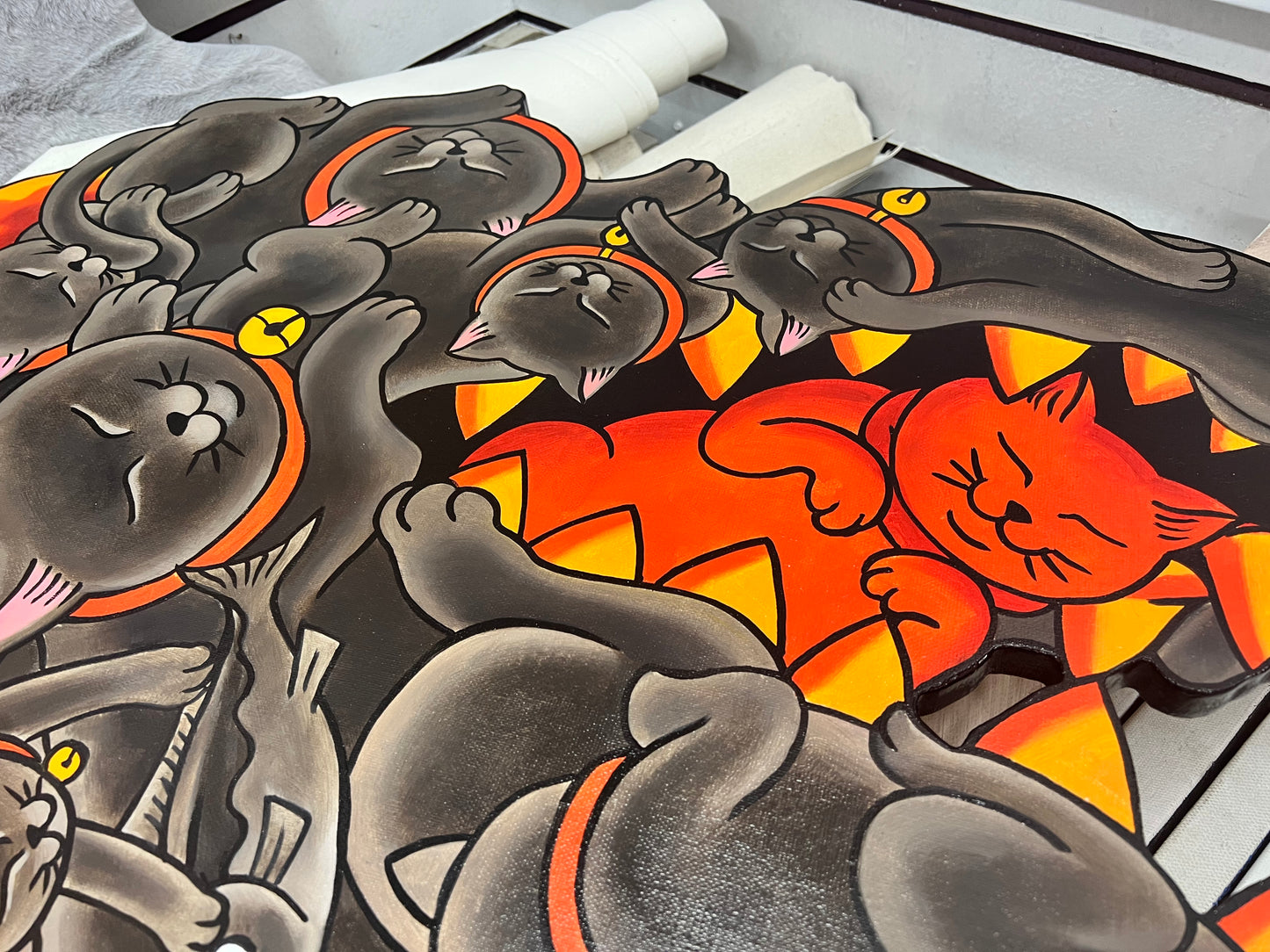 OFFART X Horiren Red Flame Hundred Cats 100% Hand-Painted Print
